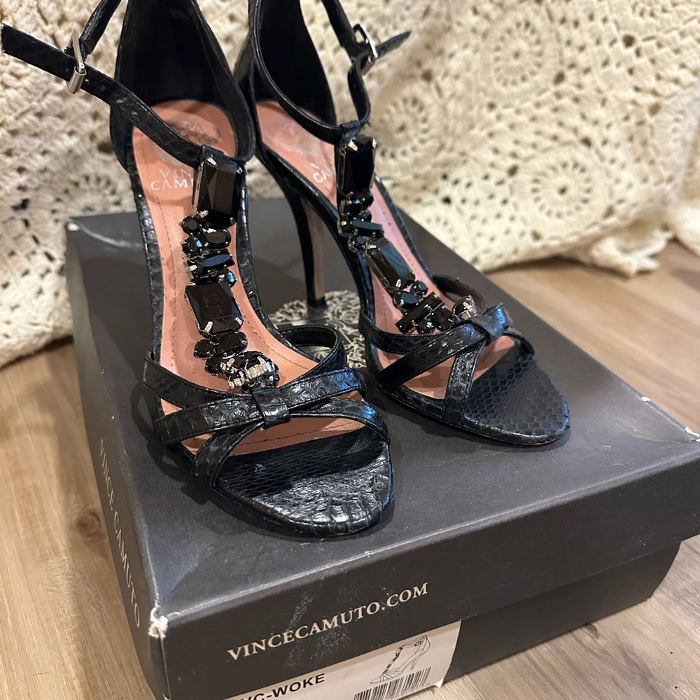 Vince Camuto Black Strappy Heels with Embellishments